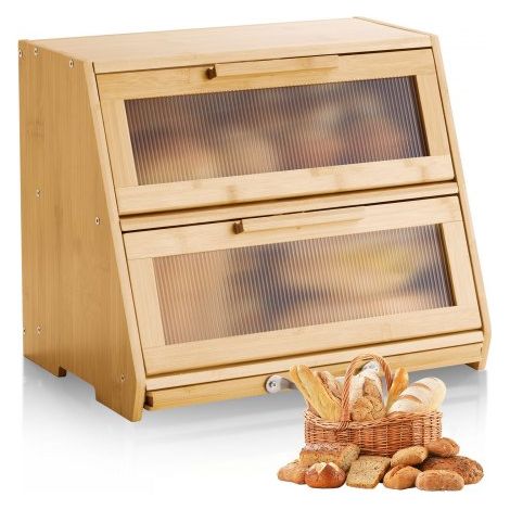 Panera de Doble Capa de Bambú para Encimera de Cocina, Panera de Madera Rústica para Pan Casero, con Panel de Puerta Acrílico Ondulado, Color Madera Natural, Trapezoide, 390 x 260 x 320 mm (1/5)