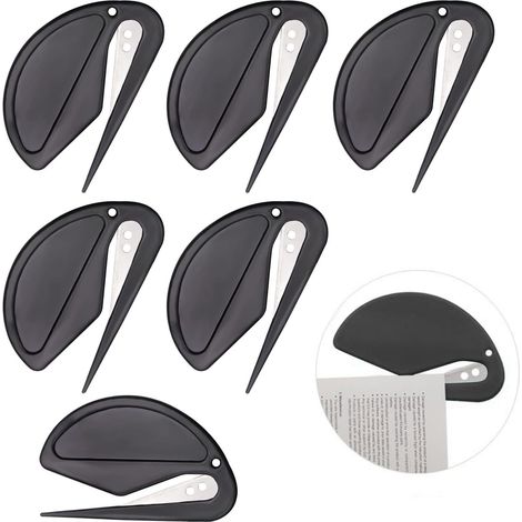 Ouvre-lettres - Lot de 6 - Plastique et Acier - Lame Cachée - Pour Enveloppe et Carton - Noir 7,6cm (1/5)