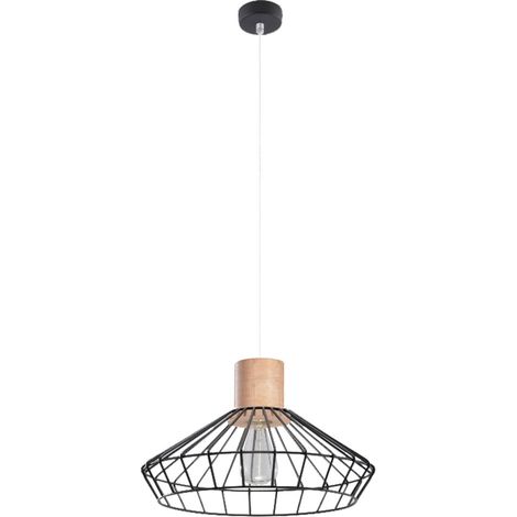 Hängeleuchte schwarz Metall Essbereich Vintage Pendelleuchte Käfig Lampe Wohnzimmer Vintage Deckenleuchte, Holz-Dekor, 1x E27, DxH 37x130 cm
