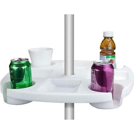 Plateau de table pour parasol de plage, rond de 42 cm, en plastique, porte-gobelet, porte-bière, plateau de rangement pour collations, pour jardin et piscine - Blanc (1/5)