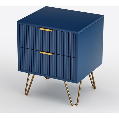 Kommode, Rechteckige, mit 2 Aufbewahrungsschubladen, gestreiftes Design, Metallfüße, modernes Ästhetik, Holzwohnzimmermöbel - Blau (1/5)