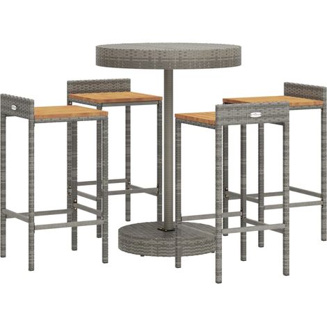Set bar da giardino mobili da esterno terrazza 5 pezzi polyrattan grigio/legno massiccio di acacia 020013480