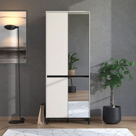 Zapatero Scansano, mueble zapatero 9 estantes, con espejo, 4 puertas, 80x40x206h cm, beige roble nudoso (1/5)