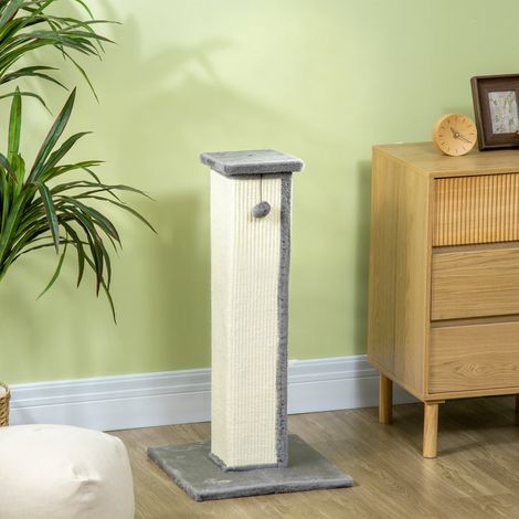 Griffoir pour chat poteau griffoir chat en sisal et peluche, boule suspendue base stable 41 x 41 x 81 cm gris et crème (1/5)
