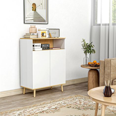 Meuble de rangement buffet sur pied scandinave placard 2 portes avec étagère intérieure et aspect bois blanc