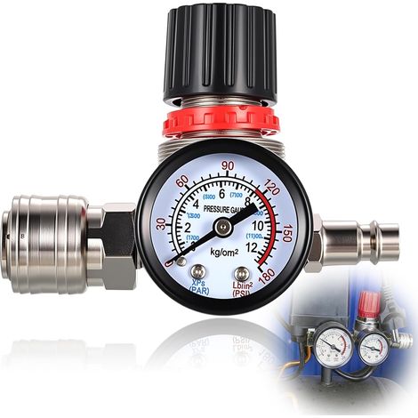Regulateur de Pression d Air Compresseur 1/4", Régulateur de Pression d'Airs 1/4 avec Manomètres et Vanne de Régulation d'Air Admission maximale de 175 PSI pour outils pneumatiques(4 trous) (1/5)