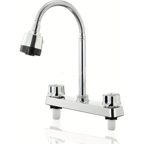 Robinet de cuisine pour camping-car, design incurvé et rotatif à 360°, couleur argent, tuyau d'arrivée d'eau inclus. (1/5)