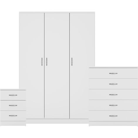 Riano 3 Piece Bedroom Set (3 Drawer Bedside Chest, 5 Drawer Chest, 3 Door Wardrobe), White (1/3)