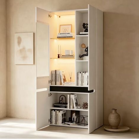 Vetrina LED in MDF con 4 ante e vetro di sicurezza, 80 x 35 x 180 cm, bianca (1/5)