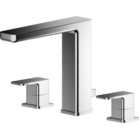 Square Deck 3 Tap Hole Basin Mixer Tap & Pop Up Waste - Chrome