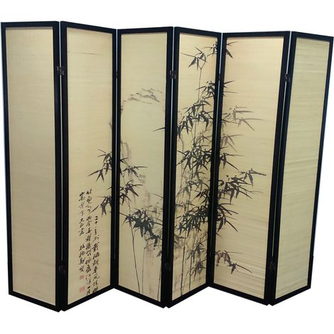 Paravent bois noir et bambou avec motifs vegetaux 6 pans, H 175 x L 240 cm -PEGANE-