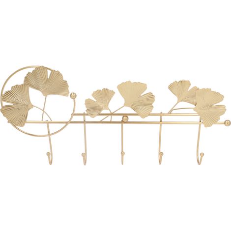 Crochet mural feuille de ginkgo européen, porte-manteau doré 5 crochets ronds pour chambre, entrée, dressing (modèle 7703Y-01, fixation incluse). (1/5)