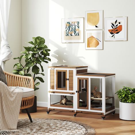 Conejera de Madera de 2 Niveles Jaula para Conejos con Ruedas Escaleras y Bandejas Extraíbles 110x50x86 cm Marrón (1/5)