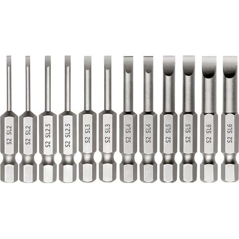 Lot de 12 embouts de visseuse à fente de 50 mm de long - Pour visseuse à percussion, tige hexagonale magnétique 1/4" - SL2/2,5/3/4/5/6 (1/5)