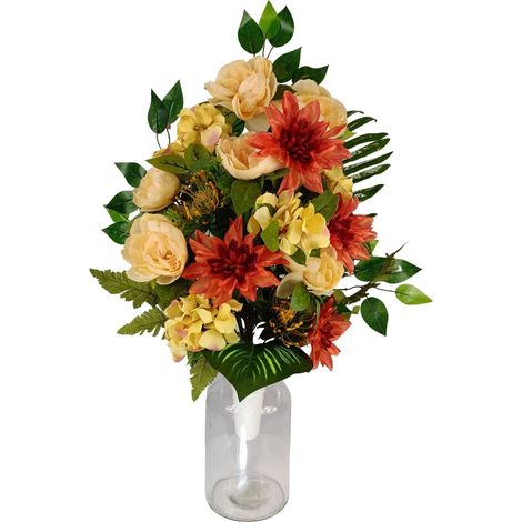 Centre de Fleurs Artificielles pour Cimetière Églises Mariages Centre de Fleurs pour Les Saints Rouge Orange et Jaune Vase 65x40 cm
