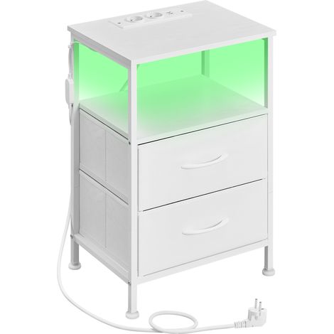 Table de Chevet avec Éclairage LED et Multiprise, 2 Tiroirs et 1 Compartiment Ouvert, Blanc (1/5)