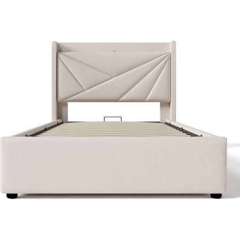 Lit simple rembourré avec coffre de rangement, tête de lit avec fonction de charge USB Type C, cadre de lit en tissu lin, lit junior 90x200 avec sommier à lattes (sans matelas) (1/5)