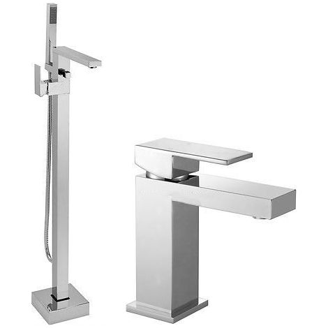 Cube Square Freestanding Shower Mixer Tap With Handset Kit  & Basin Sink Mixer Tap (1/3)