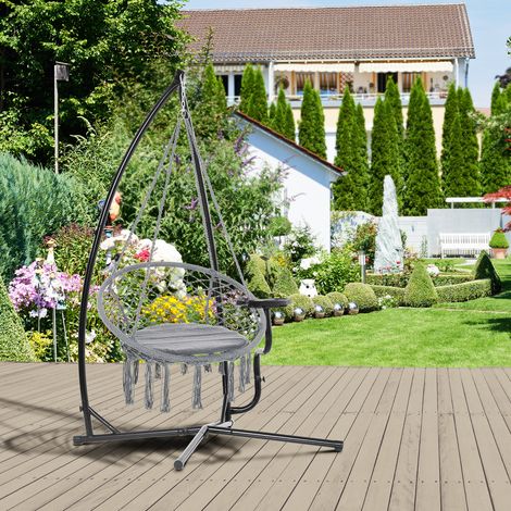 Supporto per sedia sospesa Outsunny da 190 cm con tavolino laterale, portata massima 120 kg, struttura in metallo per patio e giardino, colore nero.