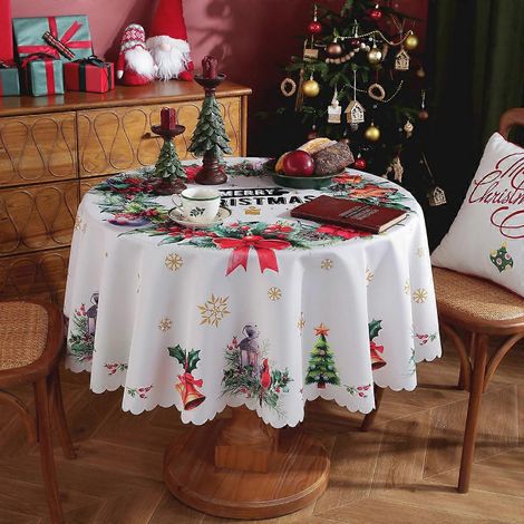 Nappe de Noël 2026, imperméable, en polyester imprimé numérique, ronde, motif flocons de neige, décoration de fête, tissu 9120 ronds [210 g] (1/5)
