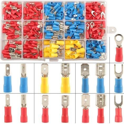 Cosses électriques isolées à sertir 280 PCS – Connecteurs ronds, plats femelles et fourches – Cuivre, PVC, fer blanc – AWG 22-10 (1/4)