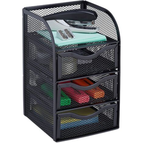 Organiseur de bureau en métal à 3 tiroirs pour fournitures, stylos et ustensiles, dimensions (H x L x P) : 21 x 12,5 x 13 cm, noir (1/3)