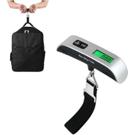 Pèse-bagages électronique portable avec mesure de température, capacité 50 kg/110 lbs, précision 0,1 lb, écran LCD, fonction tare et maintien. (1/4)