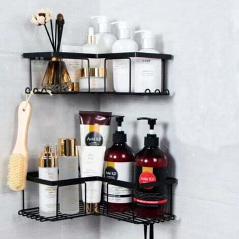 Étagère de Douche sans Percage, Etagere Salle Angle de Bain, Rangement Douche pour Nettoyant pour Corps de Shampoing, Noir (2 pièces Etagère Douche Angle) (1/4)