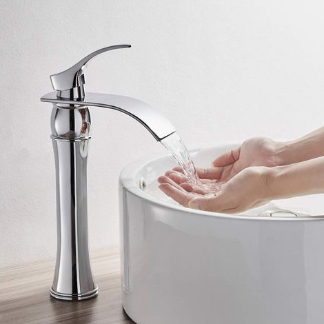 Grifo para lavabo de baño, grifo mezclador para lavabo de latón cromado con cascada de caño alto (1/4)