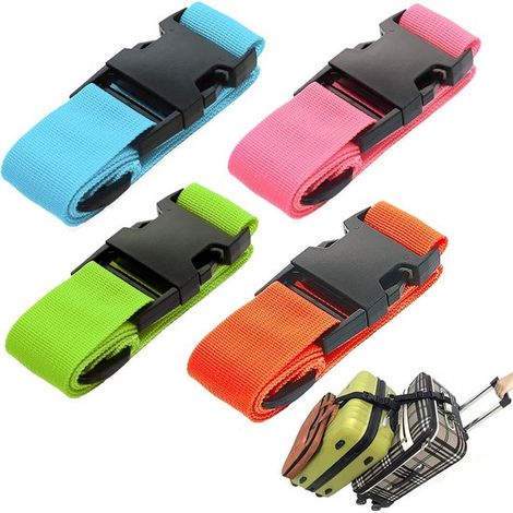 Set di 4 connettori regolabili per cinghie da bagaglio da 38 mm x 1,8 m, nei colori blu, rosa, verde e arancione. (1/5)