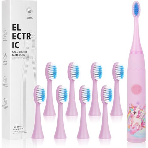 Brosse à Dents Électrique Enfants, 4 Modes Nettoyage 8 Têtes Brosse Sonique Rechargeable, Poils doux, Étanchéité IPX6 Minuterie de 2 mins, Violette Licorne (1/5)