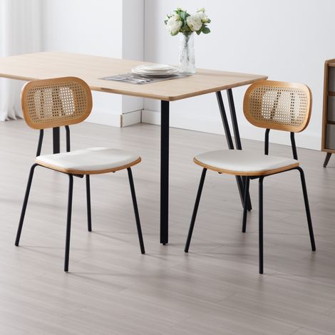 Wahson 2er Set Esszimmerstühle aus PU Leder, Rückenlehne Rattan Landhausstil mit stabile Metallbeine für Esszimmer Wohnzimmer, Weiß (1/5)