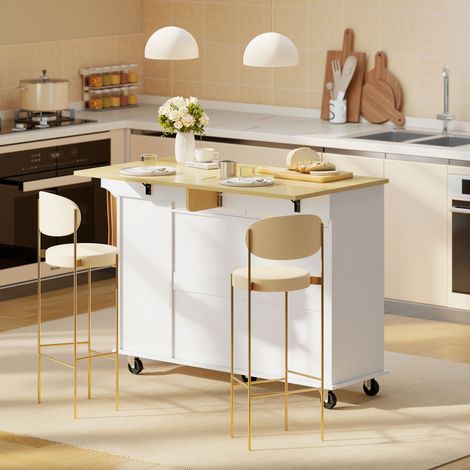 Fahrbare Kücheninsel aus MDF Weiß mit erweiterbarer Arbeitsoberfläche, Schranktüren, Schubladen und praktischem Handtuchhalter als multifunktionaler Küchenwagen (1/4)