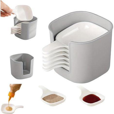 Juego de 7 cuencos de plástico para salsas con caja de almacenamiento: incluye 6 cuencos para salsas y un soporte, color blanco (1/5)