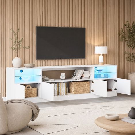 Mueble TV LED (180x35x60 cm), 4 puertas, 8 compartimentos, baldas de vidrio templado, tablero de partículas, blanco (1/5)