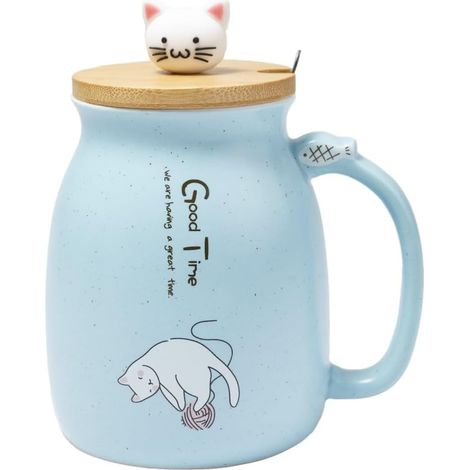 Grande tasse chat kawaii bleue 450 ml avec couvercle et cuillère, idéale pour thé et café. (1/5)