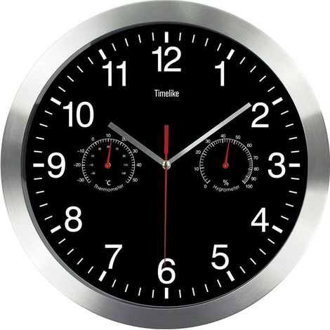 Vtizikl Quartz Ronde Horloge Murale, Aluminium Silencieuse Intérieur Murale Horlog vec Thermomètre Et Hygromètre pour Salon Cuisine Bureau (Noir) (1/5)