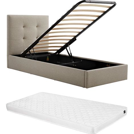 Lit coffre 90 x 190 cm – Tissu – Taupe + Matelas – CALINIDA (1/5)