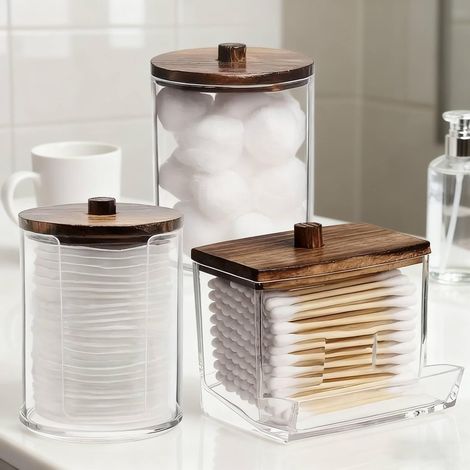 Lot de 3 Distributeur écouvillon, Support salle de bain avec couvercle bois marron, Rangement facile