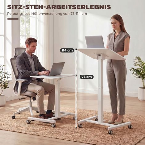 Bureau debout réglable en hauteur, bureau roulant avec plateau inclinable, butées de sécurité, roulettes, blanc (1/5)