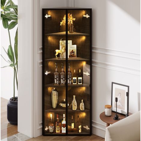 Vitrine d’angle en MDF et verre noir 62 x 35 x 160 cm avec LED intégrées et portes à fermeture douce (1/5)