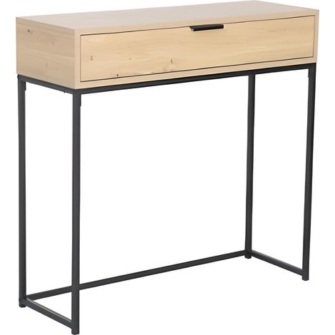 Table d'appoint avec 1 tiroir en bois coloris chêne clair et métal coloris noir -longueur 80 x profondeur 28 x hauteur 77 cm