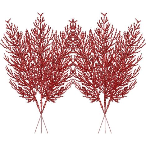 Rameaux De Pin Artificiels - Avec Paillettes Rouges - Pour Décoration De Sapin De Noël Et Couronnes - 24 Pièces (1/5)