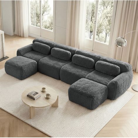 Modulares Ecksofa Grau aus Plüsch, rahmenlos, frei kombinierbar mit Ottomanen und Kissen (1/5)
