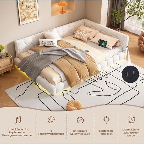 Bett Daybed modern 140x200 cm in Weiß mit Kopfteil, Lattenrost, LED 16 Farben, USB und Type-C (1/5)