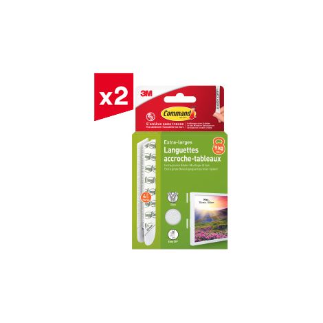 Lot de 2 languettes accroches tableaux Command™, blanches, extra-larges pour cadres lourds  9 kg, 4 paires