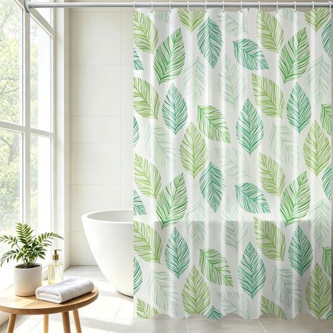 Cortina de ducha de 180x200 cm, fabricada en PEVA, larga e impermeable, con estampado de hojas verdes, resistente al moho, con ganchos y de secado rápido (1/5)