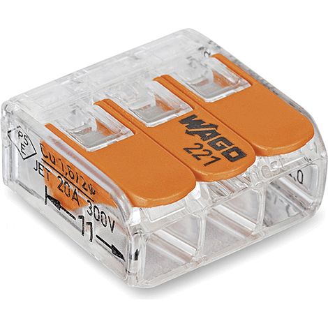 Wago – Lot de 50 bornes à levier 3 contacts 0.2-4 mm² – Raccordement facile – Boîtier transparent pour contrôle visuel – Capacité 32A/450V