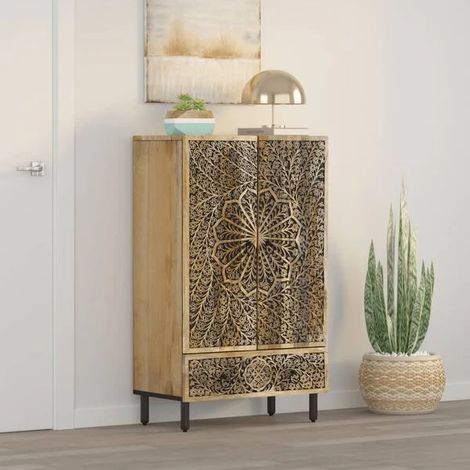 Buffet de Salle à Manger en Bois de Manguier Massif 60x33x100 cm, Meuble Rangement Cuisine avec Étagères, Design Moderne et Robuste (1/5)