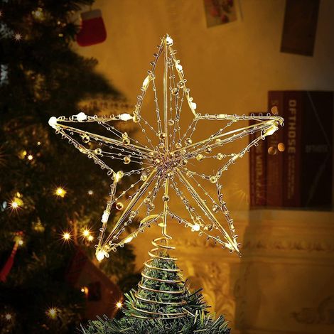 (moyen, 22 Cm) Toile De Nol, Toile Led Avec Perles Dores, Pentagramme De Neige Avec 20 Mini Lumires Pour Dcorer Le Sapin De Nol. (1/5)